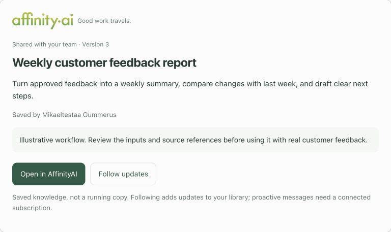 Actual AffinityAI card in ChatGPT showing version 3 of the illustrative customer feedback workflow after adding a week-to-week comparison.